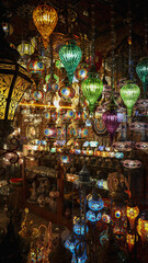 Colorful Turkish Mosaic Lamps and Lanterns Hanging in Istanbul Bazaar or Shop