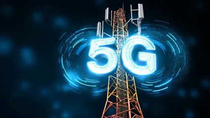 Bright 5G tower illuminates urban skyline showcasing advanced telecommunications technology and connectivity advancements in modern cities - Powered by Adobe
