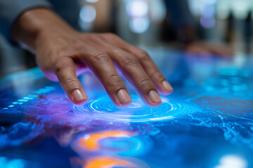 Hand interacting with futuristic blue and orange digital interface generating glowing circular ripples