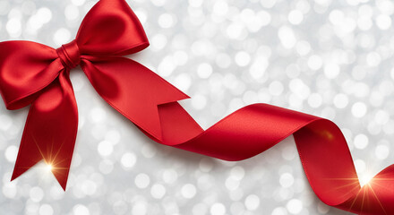 Image of shiny red ribbon and bow on silver bokeh background. Represents celebration, festive mood, gift-giving, special occasion or holiday spirit
