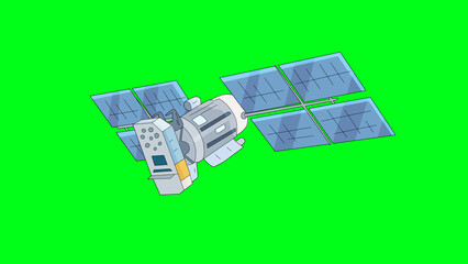 Cartoon space satellite with solar panels on green screen background