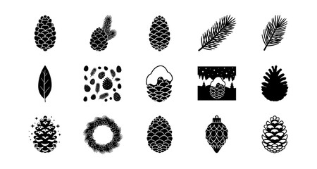 Silhouette pine cones and leaves collection for seasonal design