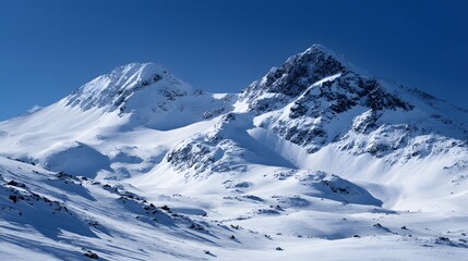 Majestic snow covered mountain range rises sharply against a deep blue winter sky