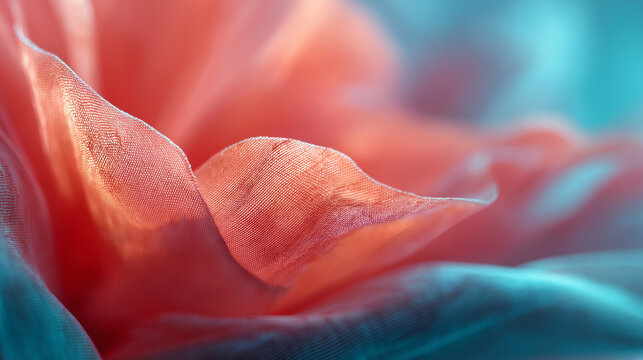 Close-up of sheer fabric folds bathed in opposing coral and cyan colored lights - Powered by Adobe