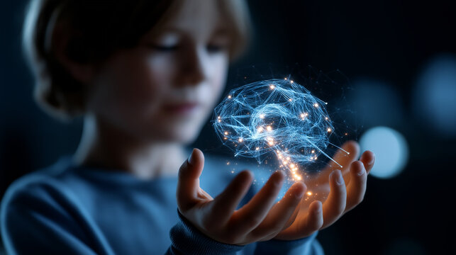Youngster captivated by luminous holographic brain projection faceless child defocused futuristic background cognitive visualization scene neurological education moment brain