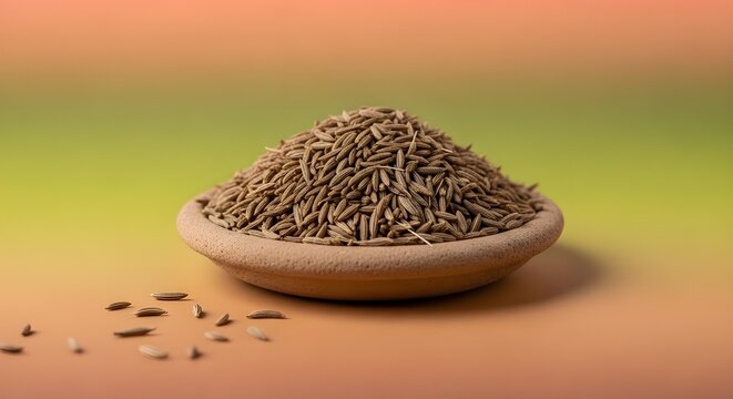 Bowl of whole cumin seeds on a warm gradient background