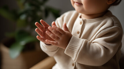 Adorable infant clapping hands wearing beige outfit faceless baby defocused background cute development milestone happy little one scene motor skill achievement visualization