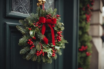 A close-up of a classic Christmas wreath hanging on a front door, made of pine, holly, and red berries, with a velvet bow 