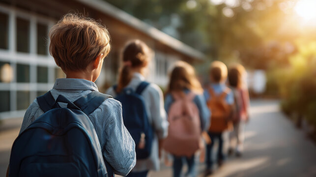 Educational concept with collective of youngsters walking happily to school building faceless children defocused sunny background back to learning scene academic journey visual - Powered by Adobe