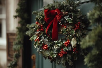 A close-up of a classic Christmas wreath hanging on a front door, made of pine, holly, and red berries, with a velvet bow 