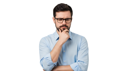 A thoughtful man with glasses rests his chin on his hand while contemplating an idea.