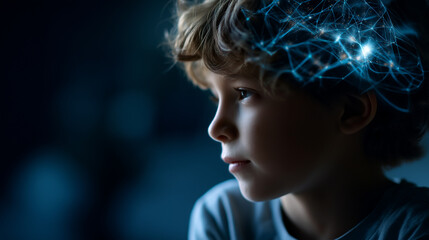 Illuminated neural network brain showcased in profile of youngster faceless child defocused blue background cognitive connections concept artificial intelligence symbolism bra