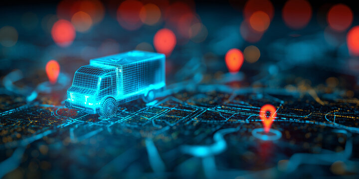 Futuristic delivery truck tracking on a digital urban network with glowing GPS markers