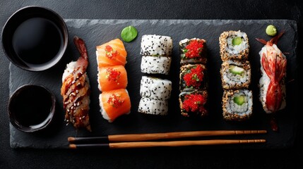 Delicious assortment of sushi rolls and nigiri on black slate serving platter with soy sauce, wasabi, and chopsticks, perfect for culinary photography