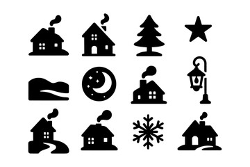 Winter silhouette collection: homes, trees, and seasonal icons for festive designs
