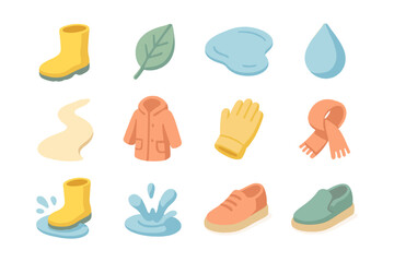 Rainy day essentials: flat icons of boots, clothing, and weather elements