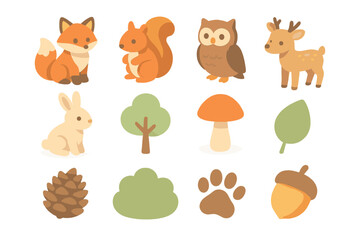 Fototapeta premium Cute woodland animals and nature elements in adorable flat design for kids