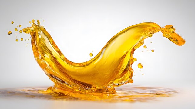 Viscous golden liquid forms a dramatic splash against a bright white background
