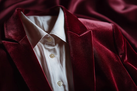 Elegant pairing of burgundy velvet blazer and creamy satin shirt