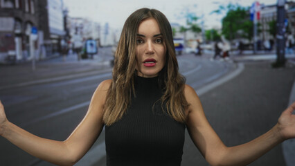 Fototapeta premium Woman raising arm with open mouth and shrugging gesture on a sunlit busy urban street scene; frustration.