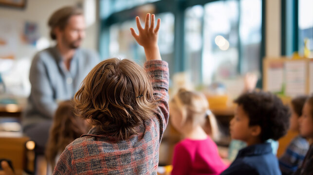 Educator interacting with youngsters in classroom setting faceless teacher children defocused educational background focusing on early childhood development reading learning