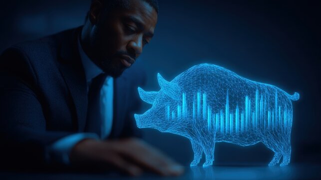 A businessman analyzes a holographic pig, symbolizing market trends, as data visualizations emerge from it, reflecting a futuristic approach to finance.