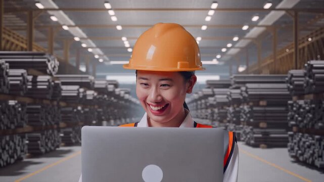 Close Up Of Asian Female Engineer With Safety Helmet Working On A Laptop While Standing at Warehouse of Rolled Steel Metal Bars, Rods or Billets