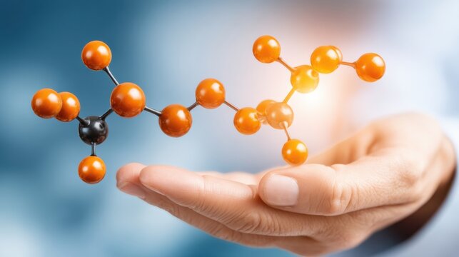 A hand holds a molecular structure, illustrating the concept of chemistry and science in a modern, abstract setting.