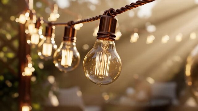 Cozy outdoor string lights with glowing edison bulbs at golden hour