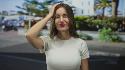 Young hispanic woman waving hand on street in sunlit urban scene, smiling warmly as she looks ahead; happiness.