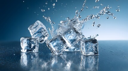 Crystalline solid blocks crash into a liquid surface causing a dramatic splash against a blue gradient background.