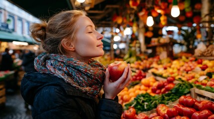 Woman at fruit market holding apple.
