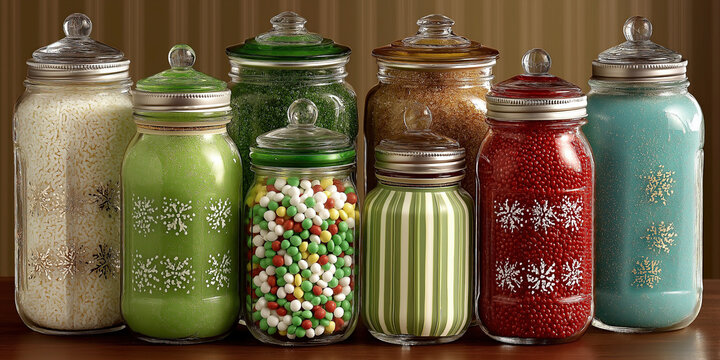 Assorted Christmas candies in glass jars - Powered by Adobe