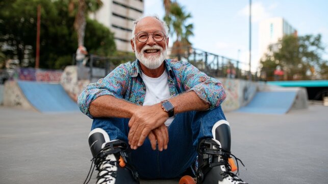 Old man sitting on skateboard at skate park.