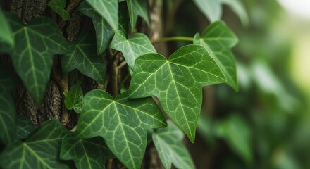 Lush green ivy leaves clinging to a tree trunk in natural light