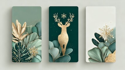 Emerald & Gold Winter Botanical Art: Deer, Leaves, and Snowflake Decor Prints