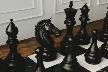 Large chess pieces on the board.