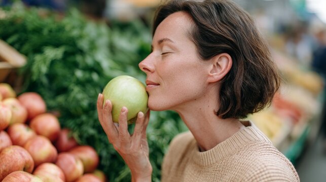 Woman holding an apple at a market. - Powered by Adobe