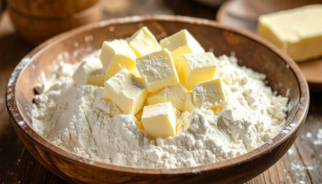 Flour and chilled butter cubes in rustic wooden bowl, baking ingredients. Cooking and culinary