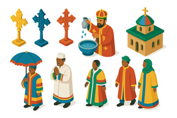 Isometric ethiopian religious ritual with cultural outfits and traditional symbols