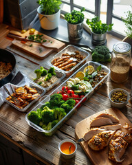 overhead shot of healthy meal prep containers with grilled chicken, broccoli, and vegetables on a wooden table