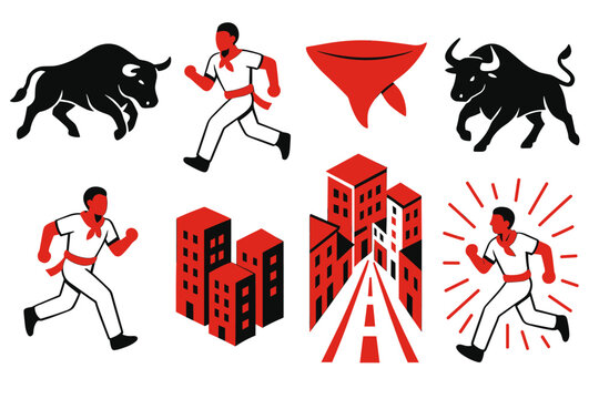 Dynamic bull running and urban scenes in bold red and black