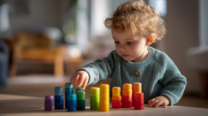 Obraz premium Toddler playing with colorful wooden educational toys on light floor faceless youngster defocused background developmental play scene learning material interaction cognitive