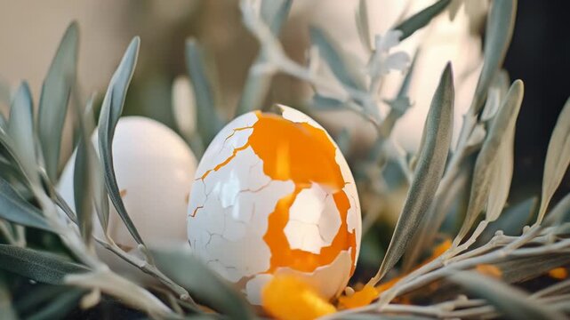 A cracked egg sits on top of a green plant, highlighting the delicate balance between life and decay