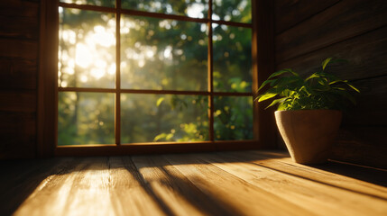 Potted plant illuminated by warm sunlight pouring through a cabin window, casting dramatic shadows on the wooden floor.