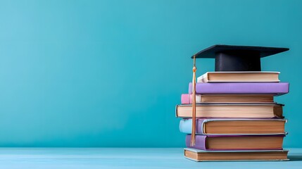 Stack of assorted hardback books supporting a traditional academic mortarboard against a bright blue background