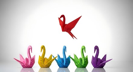 A group of colorful origami swans arranged in a row with a red origami swan flying above, isolated on white background