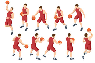 Isometric illustration set of a basketball player in a red uniform shown in multiple action poses dribbling, shooting, passing and holding the ball. Dynamic sports character design collection.