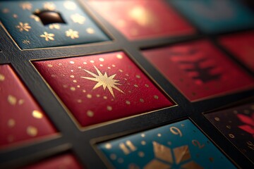 A close-up of an advent calendar on Christmas Eve, with all the doors open and one final chocolate remaining 