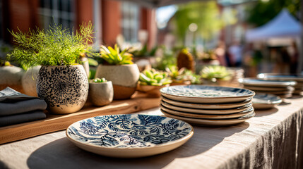 A table displays handmade ceramic plates with blue floral designs, surrounded by potted plants. The setting is bright and inviting, showcasing artisanal crafts.